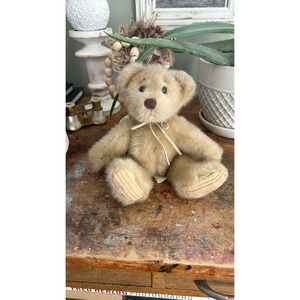Minky Tan Teddy Bear Corduroy Feet Leather Bow Cottagecore Plush 8in Nursery
